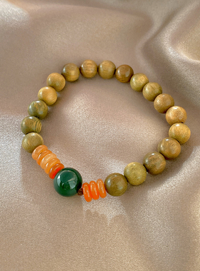 复古绿色檀木串珠手链女生ins