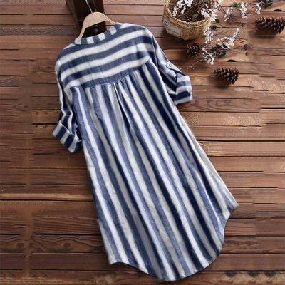 200Jin Jin is equal to 0.5kg. Fat mm foreign trade shirt for women, loose striped mid-length, belly-covering, slimming, long-sleeved, large size cotton and linen shirt for spring