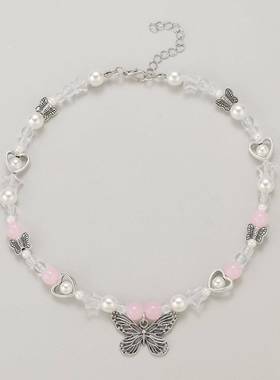 Women butterfly cross flower pendant pearl bead necklace饰品