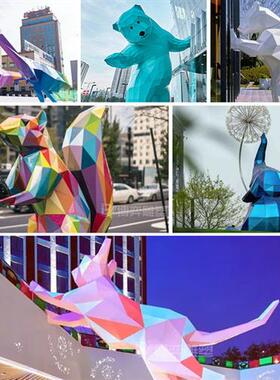 不锈钢卡通动物雕塑定制大型镂空发光切面网红熊鹿兔子长颈鹿摆件