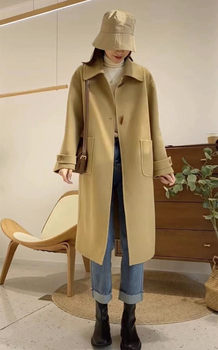 Xu Dake ຜ້າຂົນສັດສອງດ້ານ Zero cashmere coat ຂົນສັດສູງຂອງແມ່ຍິງ wool stylish temperament coat ຍາວກາງ ປຸ່ມ horn ແບບເກົາຫຼີ