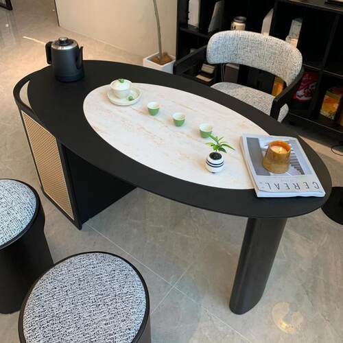 新中式阳台茶桌2025新款家用小户型泡茶台高级感岩板胡桃木泡茶桌 - 图1