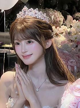 粉色闪钻公主皇冠女神十八岁生日王冠新娘拍照道具头饰氛围感发饰