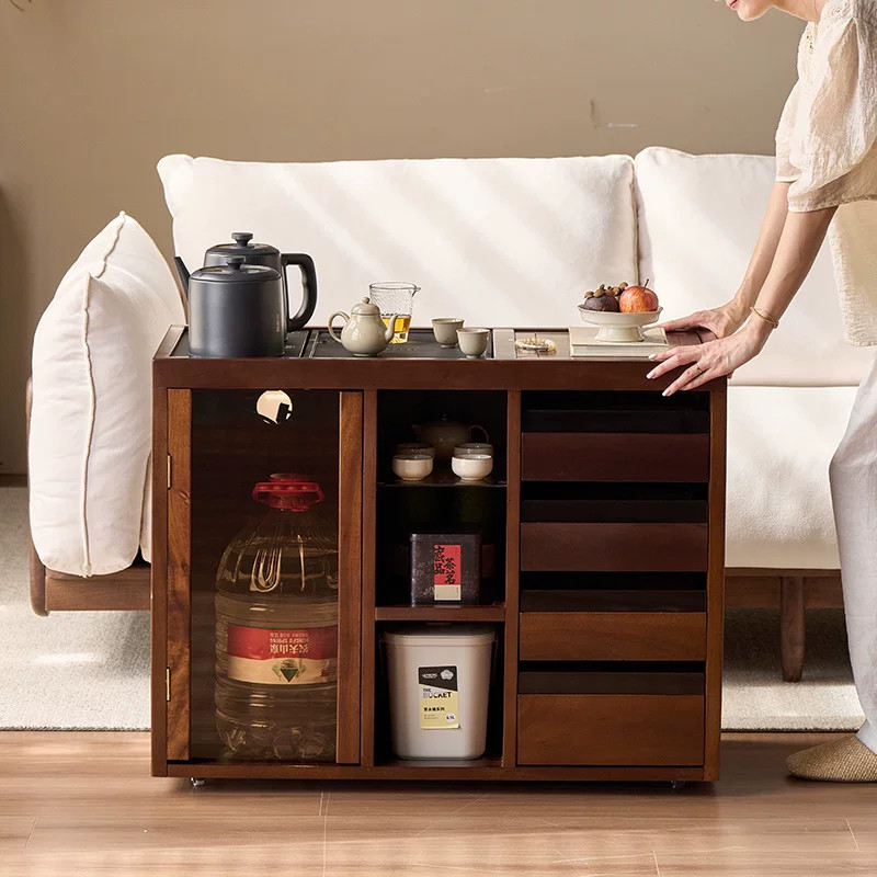 Solid wood movable household tea table small apartment balcony coffee table multi-functional tea table tea set storage tea cabinet