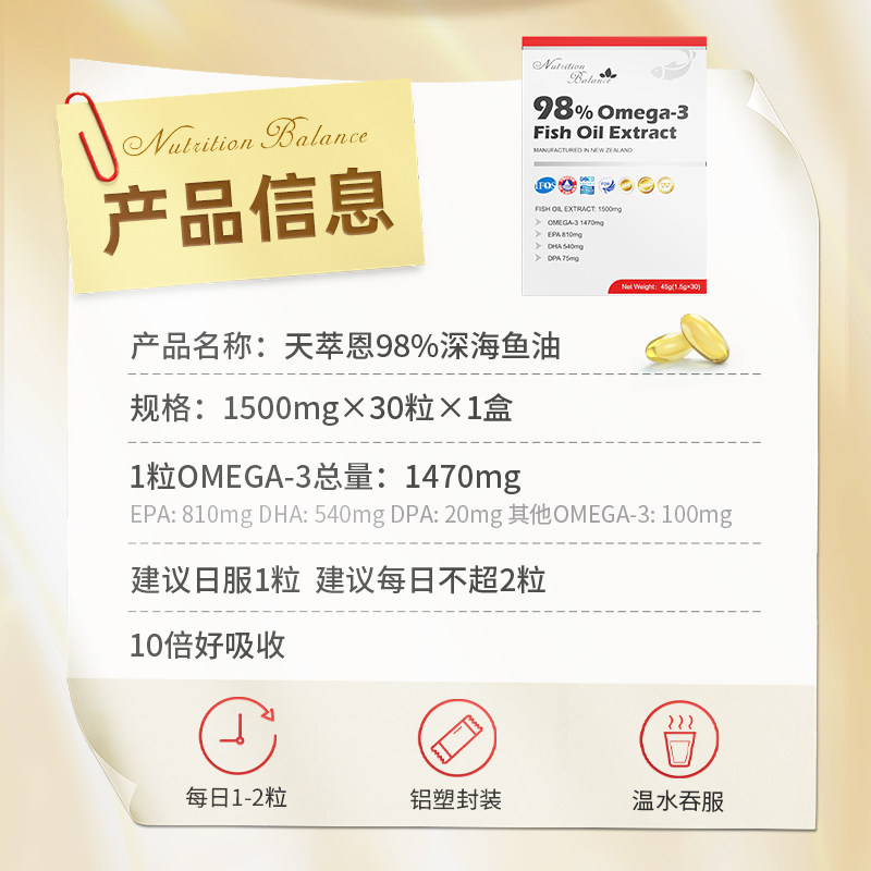 天萃恩原盒进口深海鱼油98%高纯度EPA中老年成人DHA补充OMEGA-3,淘宝优惠券,粉丝福利购,淘宝优惠卷