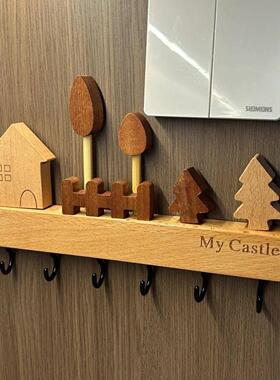 钥匙收纳玄关摆件壁挂式免打孔收纳架榉木挂钩中古风门口墙上装饰