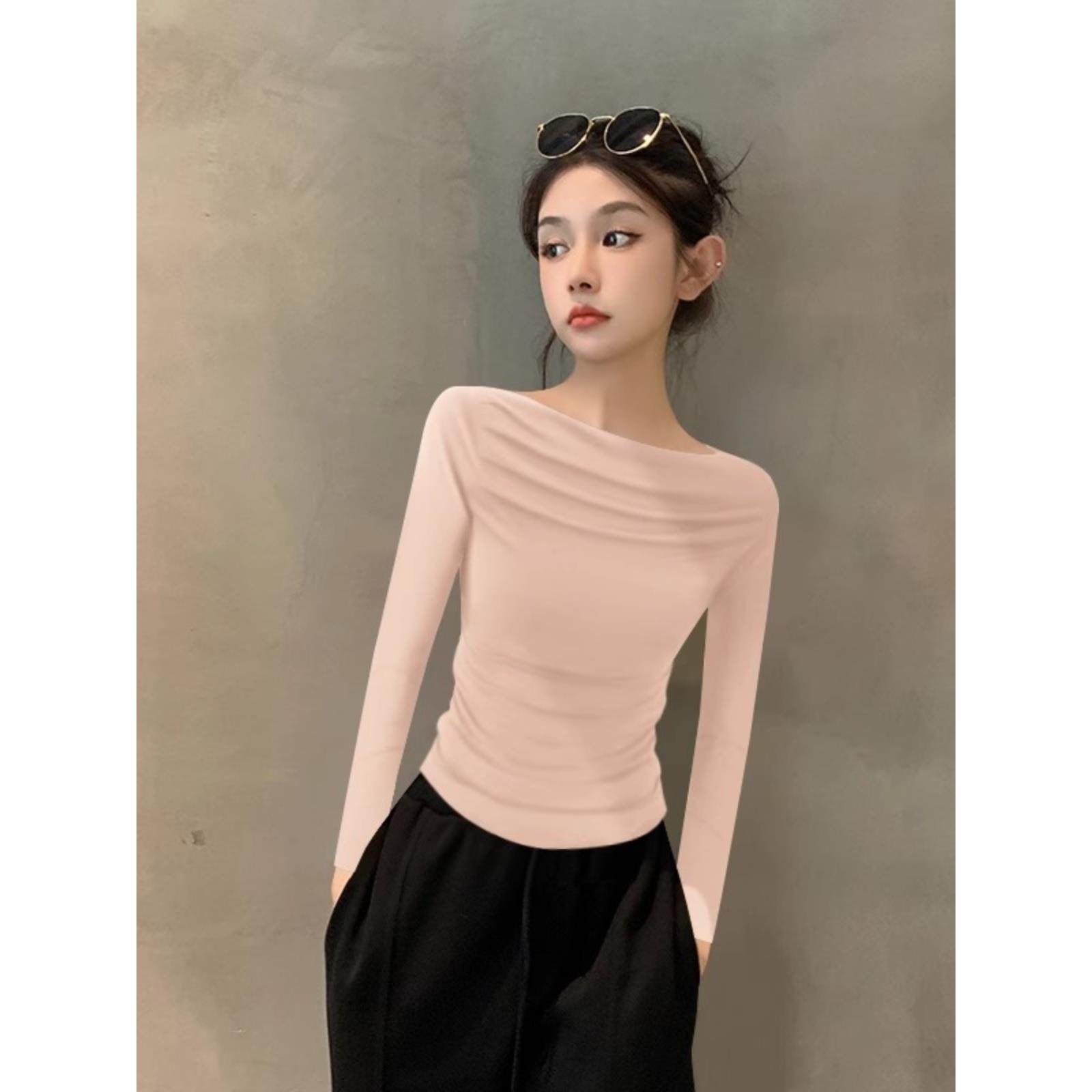 一字领长袖打底衫女秋季内搭2025新款露肩不规则上衣女设计感小众,淘宝优惠券,粉丝福利购,淘宝优惠卷