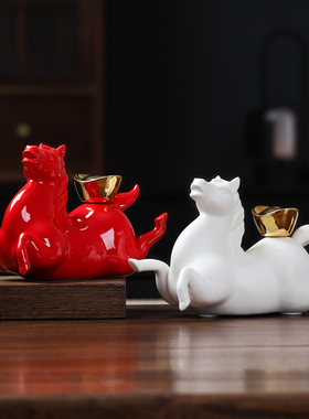 马上有钱红色陶瓷生肖马年装饰品客厅电视柜摆件乔迁本命新年礼物