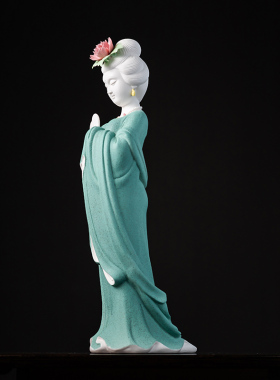 陶瓷摆件彩砂瓷扶扇美人