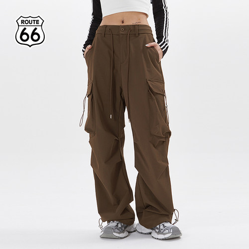 ROUTE66秋季新款工装裤女宽松直筒黑色休闲裤潮流伞兵裤冲锋裤潮 - 图0