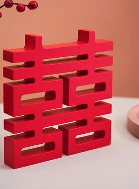 木质加厚婚礼喜字装饰品创意送新人结婚礼物中式客厅婚房布置摆件