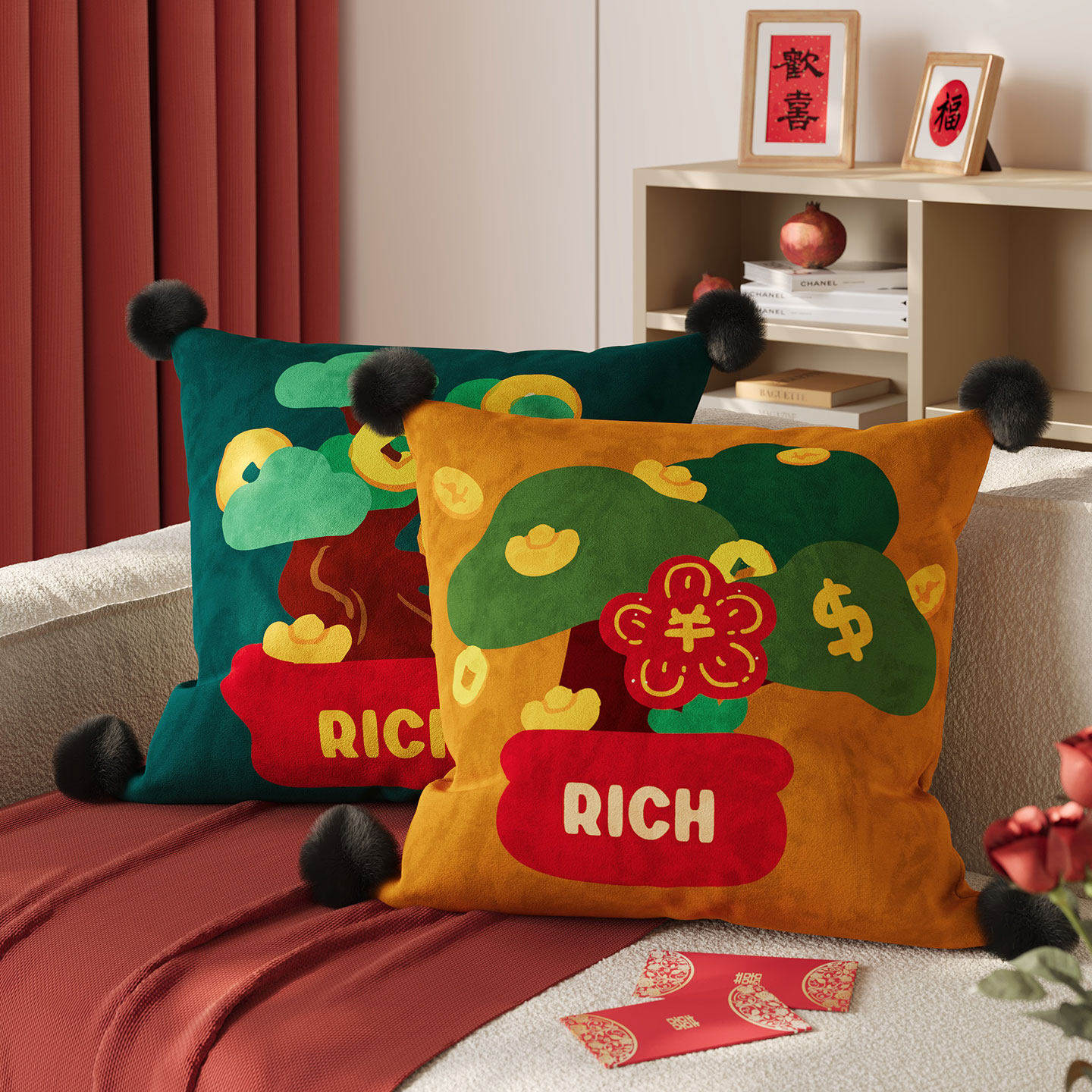 红色抱枕套过年客厅沙发含芯新年装饰腰靠床头飘窗靠枕靠垫可拆洗,淘宝优惠券,粉丝福利购,淘宝优惠卷