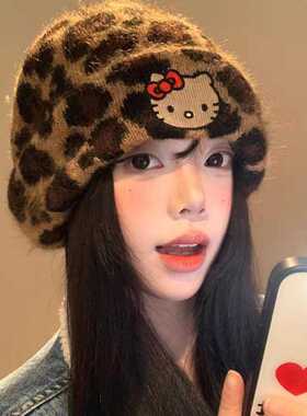 针织豹纹Kitty刺绣毛线帽女秋冬