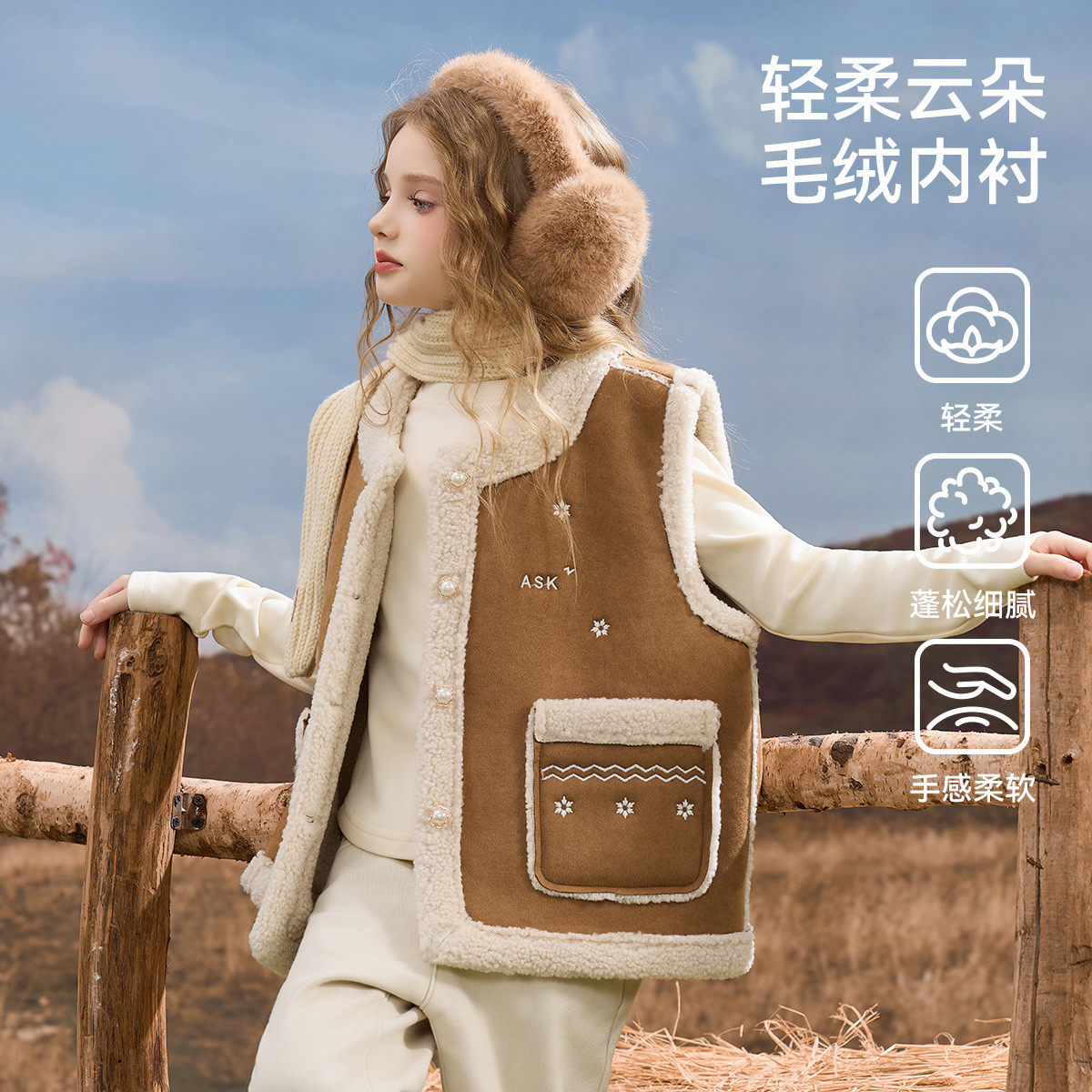 ask儿童马甲2026冬季新款女童春装甜美麂皮保暖背心中大童外套,淘宝优惠券,粉丝福利购,淘宝优惠卷
