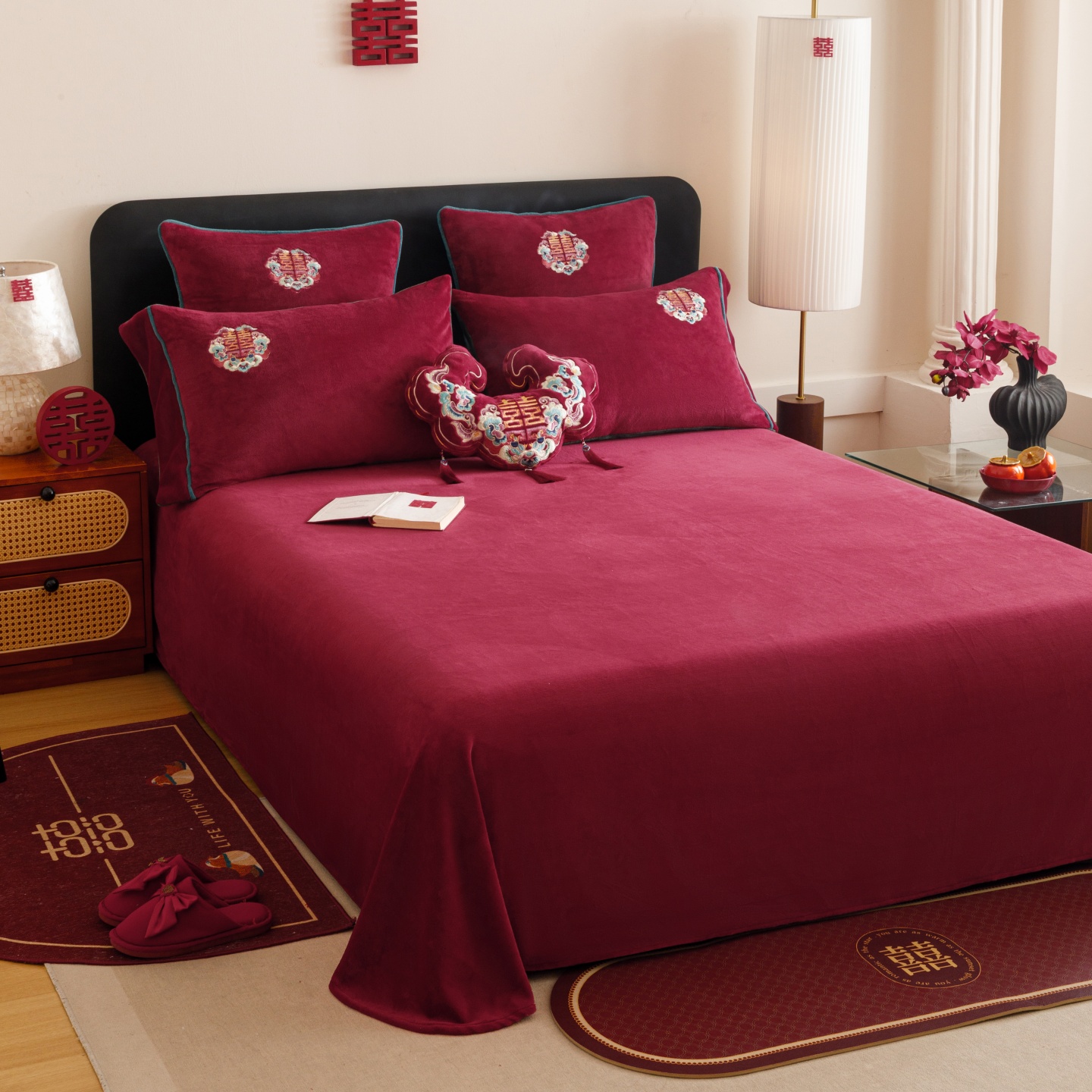 红花车秋冬牛奶绒婚庆四件套加厚保暖绒被套床单红色喜庆新婚套件 - 图2