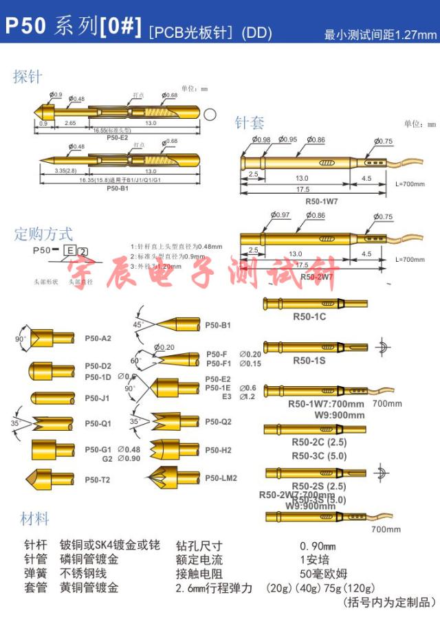 华荣探针P50-J1/PA50-J1直上小圆头测试针PCB电路板弹簧顶针0.68 - 图0