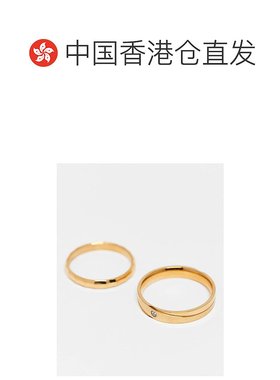 香港直邮ASOS 男士 设计防水不锈钢细款水晶戒指(2件套)(金色)