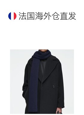 欧洲直邮COS 24新款 男女通用海军蓝羊毛混纺长方形徽标罗纹围巾