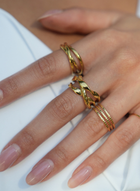 HACKNEY NINE英国伦敦轻奢饰品18K镀金三环环雕刻纹理复古戒指