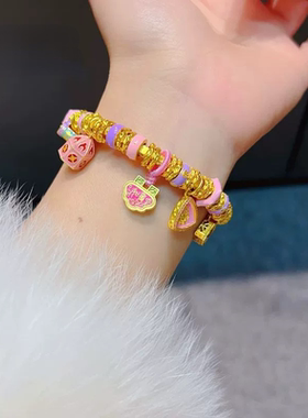 小红书抖音爆款沙金粉色多巴胺盘缠手镯女新中式国潮风如意锁手镯