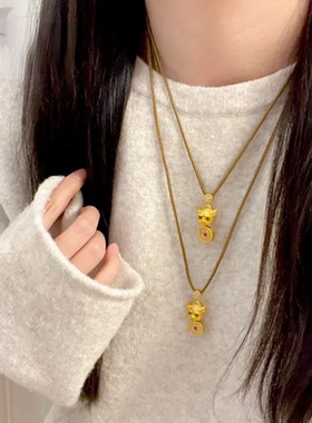 韦雪同款粉钻招财貔貅吊坠立体錾刻元宝祥云纹铜钱貔貅项链新中式