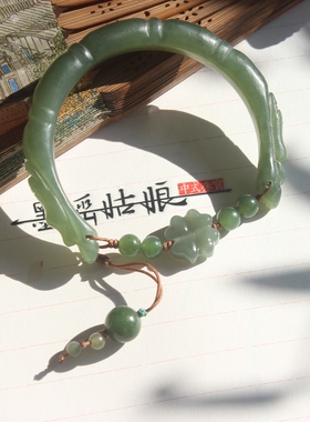 宝天然和田玉手镯竹节龙头半镯