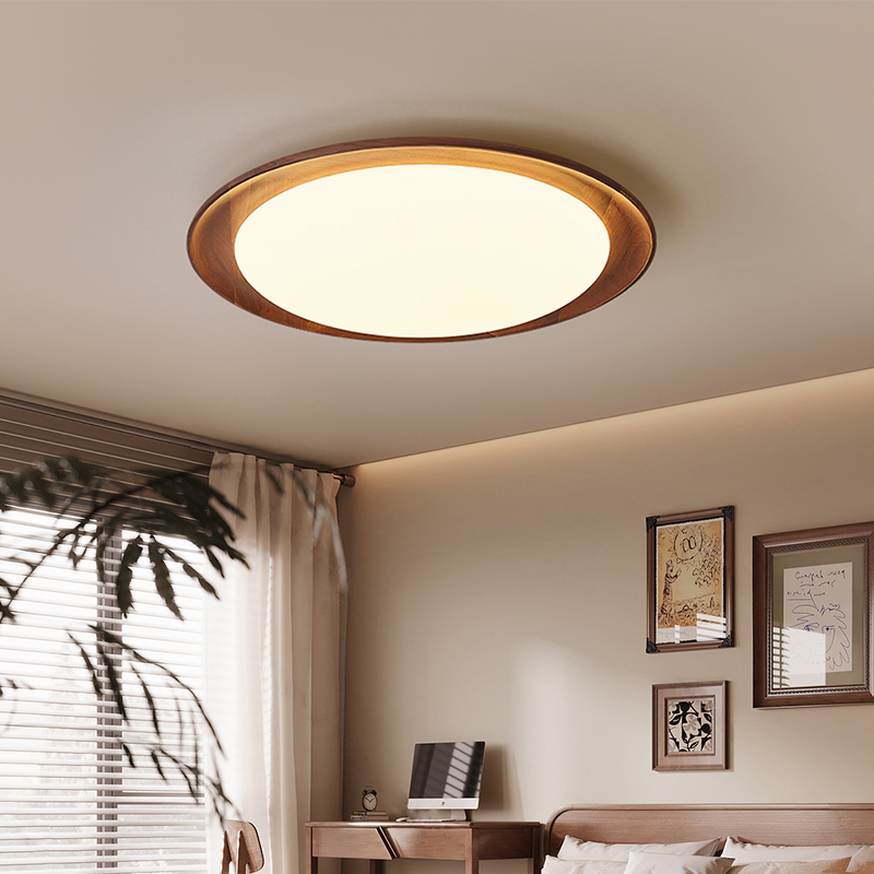 乔希中古风卧室灯吸顶灯全光谱护眼胡桃木色圆形实木复古书房灯具 - 图2