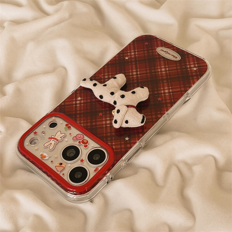 独壳 红色格纹立体斑点小狗挂饰适用苹果17promax手机壳日韩创意卡通iPhone16新款15防摔女款双层手机套硬壳,淘宝优惠券,粉丝福利购,淘宝优惠卷