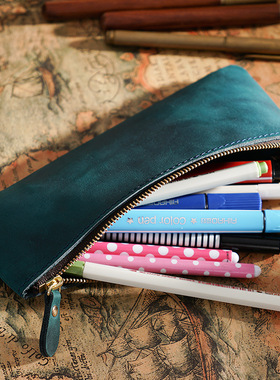 Men's and women's leather zipper small pencil case cowhide