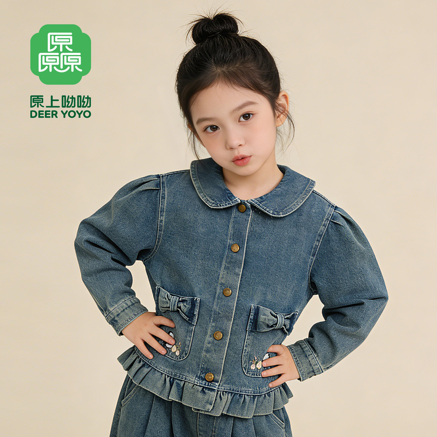 厵yuan童装女童春秋牛仔外套2026年新款春款国风绣花小童翻领上衣