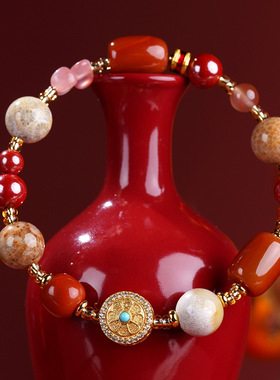 优化南红玛瑙珊瑚玉朱砂多宝手链新中式时尚国潮女款单圈手串