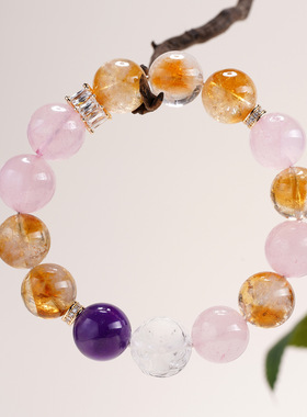 涵杰天然多宝白水晶球狐手链大颗粒圆珠黄塔晶粉晶紫水晶女士手串