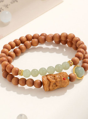 新品老山檀串珠双圈手链男女时尚百搭民族国风和田玉手串手饰