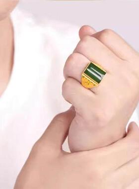 筱可恩祖母绿帝王戒男士霸气龙纹戒指纯黄铜镀金不掉色高级感指环