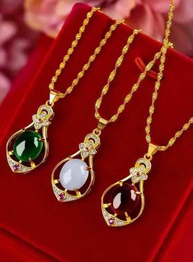 好沄多商城紫荆水滴项链心有灵犀四叶复古吊坠玉髓彩色宝石锁骨链