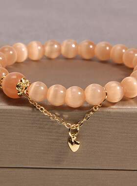 韩版橙色猫眼石水晶手链单圈时尚女士小爱心链条手串首饰
