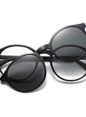 新款圆框二合一磁吸套镜女tr90一镜两用偏光太阳镜男复古近视墨镜