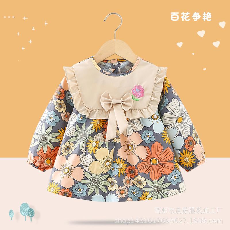 Children's smock spring and autumn pure cotton waterproof anti-dirty reversible eating bib baby girl fashionable outer wear thin princess skirt