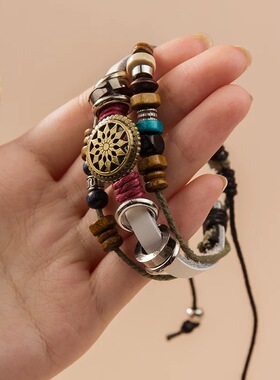 民族风牛皮手链个性复古串珠手镯男女情侣可调节网红饰品朋克手环