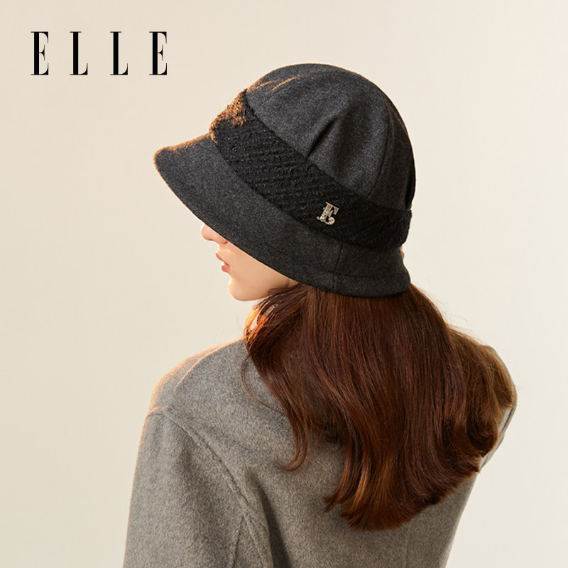 ELLE小香风拼接渔夫帽女秋冬季出游时尚百搭优雅亮丝纱线毛呢盆帽,淘宝优惠券,粉丝福利购,淘宝优惠卷