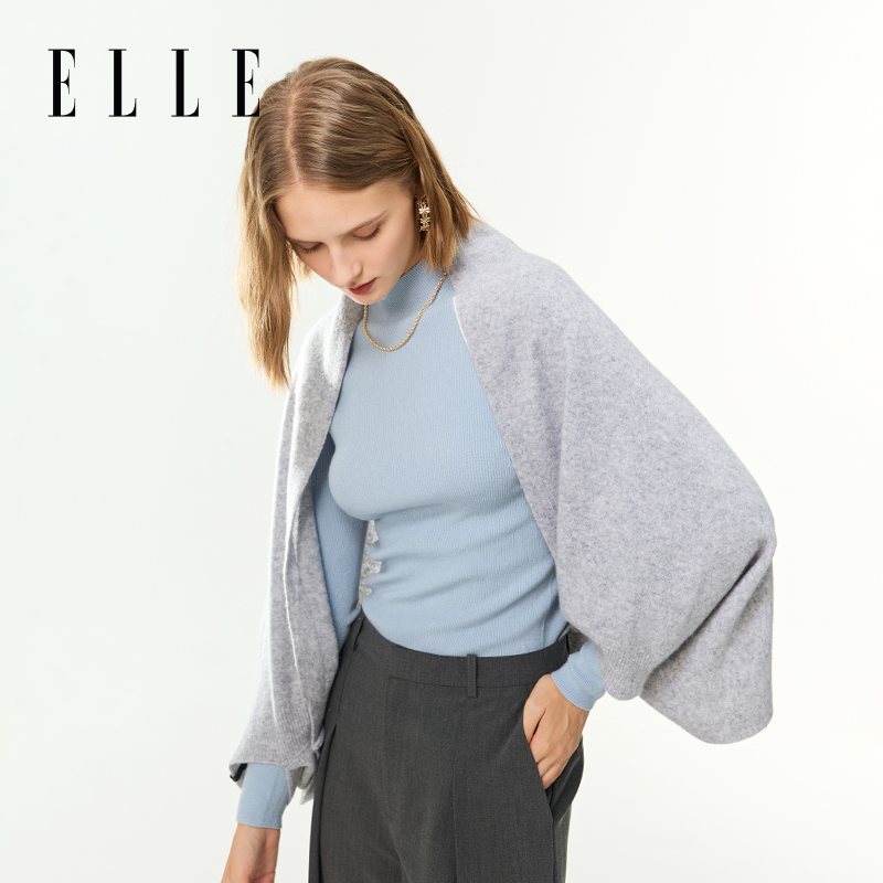 ELLE披肩女士秋冬季户外办公室保暖时尚百搭针织斗篷围巾外搭围巾