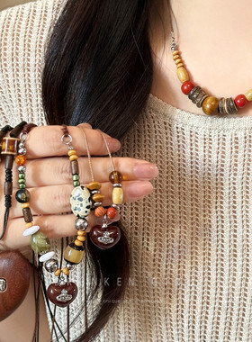 复古木质串珠土星项链女