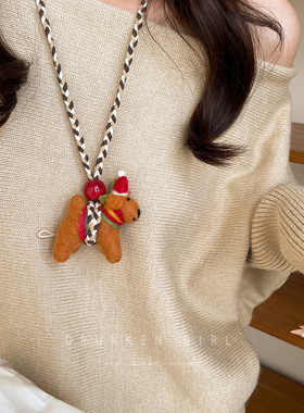 秋冬圣诞羊毛毡小狗项链配饰女