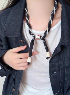 可爱kt猫珍珠牛仔系脖丝巾项链女