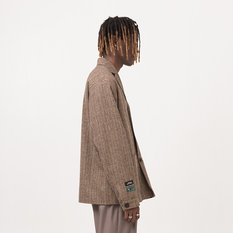 EMPTY REFERENCE咖色格纹复古西装外套中长款秋冬情侣宽松休闲_虎窝淘