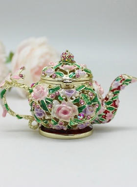 田园时尚风珐琅彩镂空蜻蜓茶壶合金首饰盒创意景泰蓝家居摆件