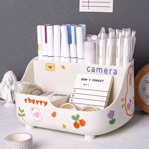 5格收纳ins化妆品收纳盒桌面多功能学生卡通可爱整理盒收纳盒笔筒 - 图2