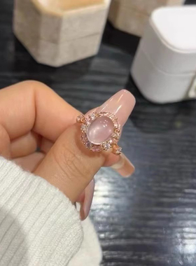 monocle 冰透鸽子蛋粉晶戒指冰种玉髓镶嵌白冰气质轻透玫瑰金指环