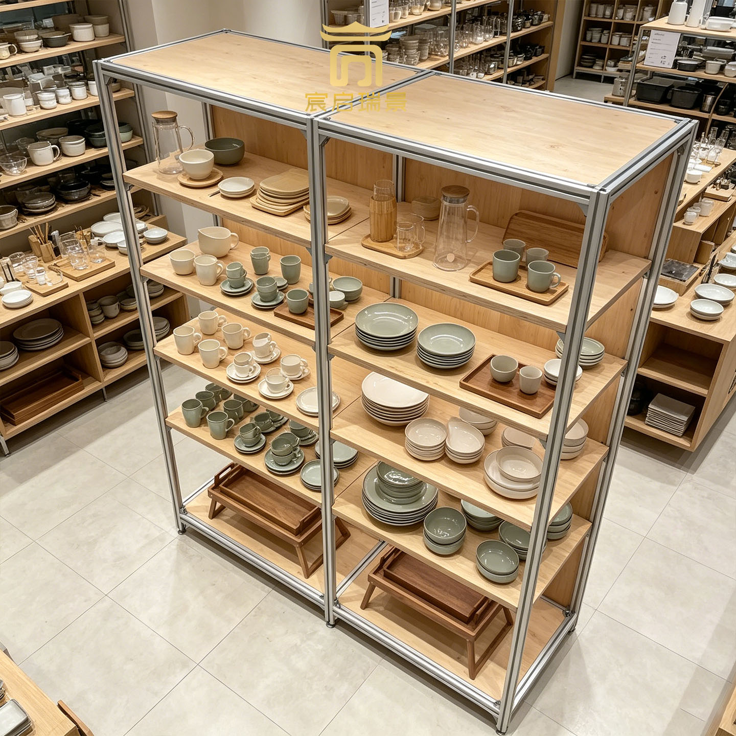 Log aluminum profile tableware island display cabinet ceramic ware tea set home store floor display shelf