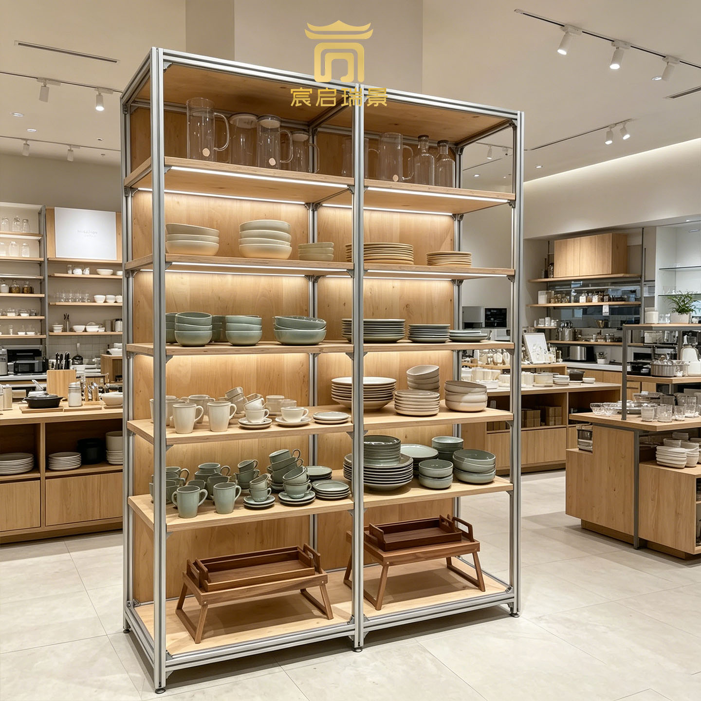 Log aluminum profile tableware island display cabinet ceramic ware tea set home store floor display shelf
